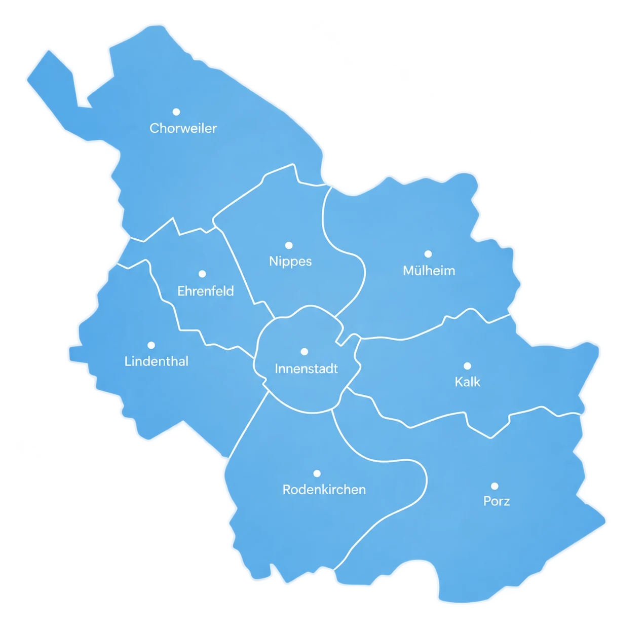 Karte der Kölner Stadtbezirke: Chorweiler, Nippes, Mülheim, Ehrenfeld, Lindenthal, Innenstadt, Kalk, Rodenkirchen und Porz