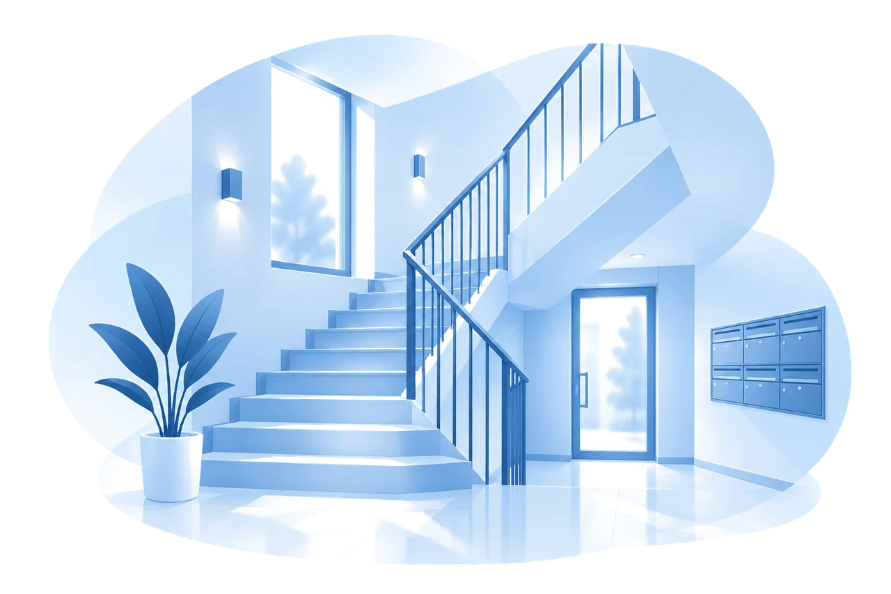 Illustration eines gepflegten Treppenhauses mit Briefkastenanlage